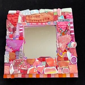Handmade Mosaic  “ Choose Happiness “Polymer Clay Mirror OriginalOn Wood 8”x8”